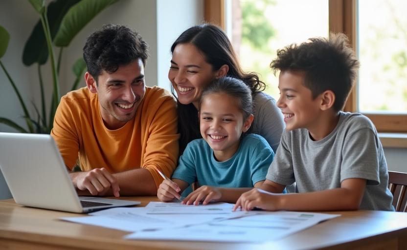 Familia chilena feliz y tranquila, mirando sus finanzas, representando la misión y visión de Finanzas Claras Chile.