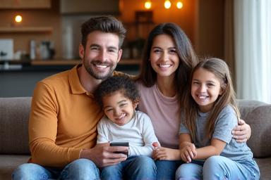 Familia chilena feliz, padre, madre e hijos, sentados en un sofá, simbolizando prosperidad y planificación financiera.