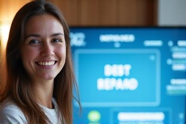Persona aliviada viendo menos deudas en una pantalla, simbolizando la resolución de problemas financieros.