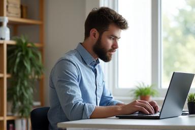 Un emprendedor joven trabajando desde casa en su laptop, con un espacio de trabajo ordenado y moderno, simbolizando ingresos adicionales y flexibilidad.